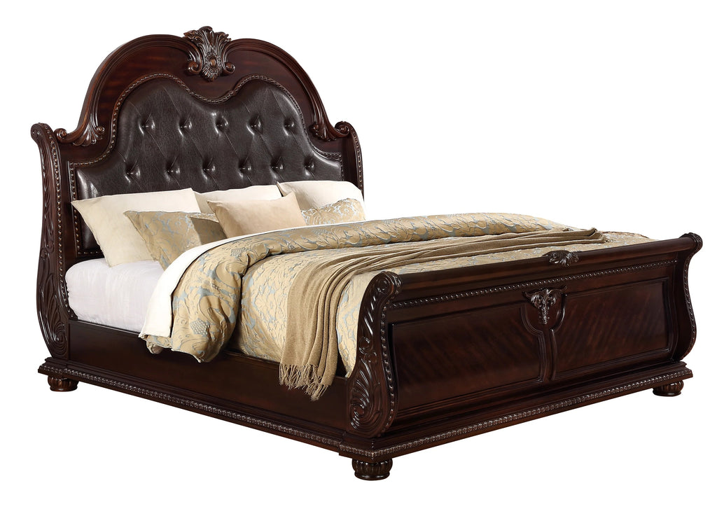 B1600 4 pc Stanley brown cherry finish wood faux leather tufted upholstered headboard sleigh style bedroom set with marble tops