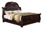 B1600 4 pc Stanley brown cherry finish wood faux leather tufted upholstered headboard sleigh style bedroom set with marble tops