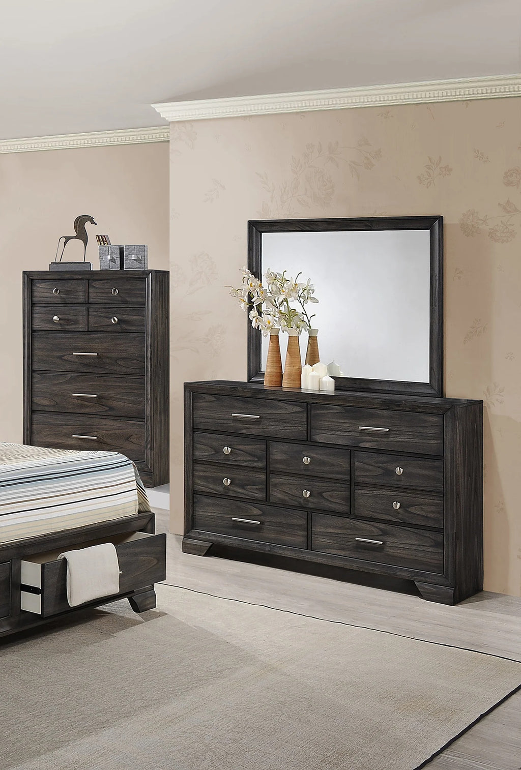 B6580 4 pc A & J Homes studio jaymes grey finish wood bedroom set with drawers in footboard
