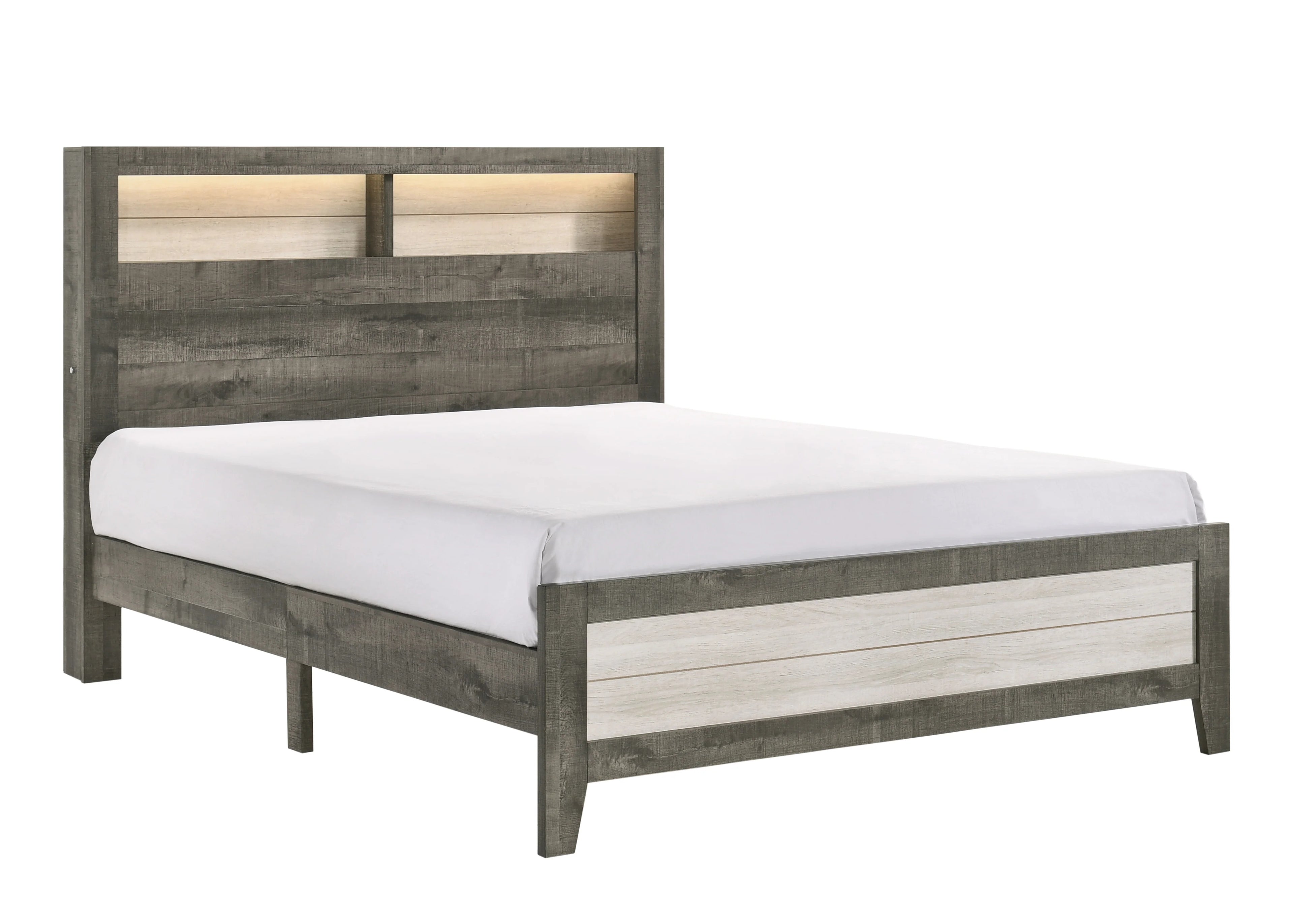 B8170 4 pc Rhett two tone grey finish wood slatted storage headboard with lights queen bedroom set