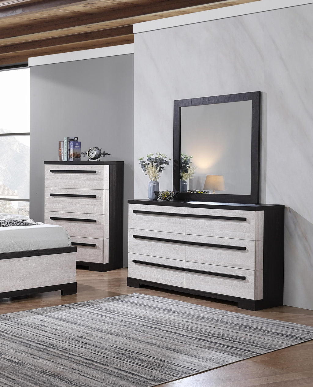 B8162-4PC 4 pc Remington two tone black and white wood grain finish queen bedroom set