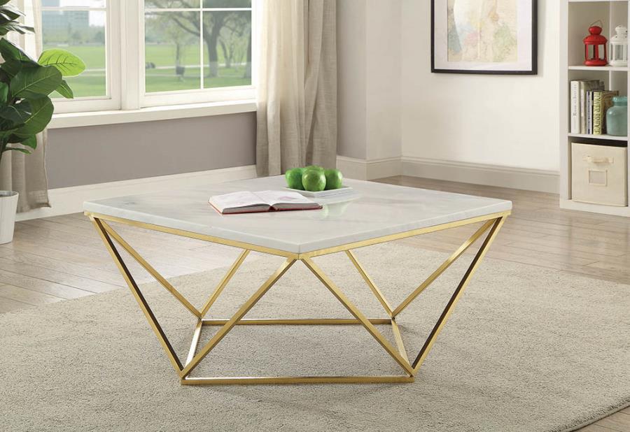 Coaster 700846 Mercer 41 flack modern faux marble top polished brass metal square coffee table