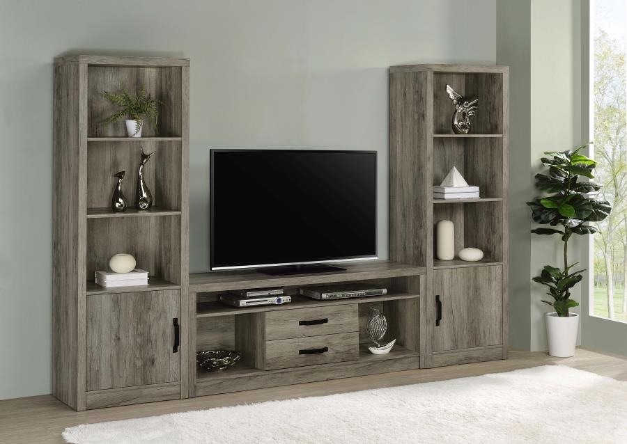 Coaster 701024-3PC  3 pc Gracie oaks jetton grey driftwoiod finish wood 59" tv stand with drawers entertainment center with side piers