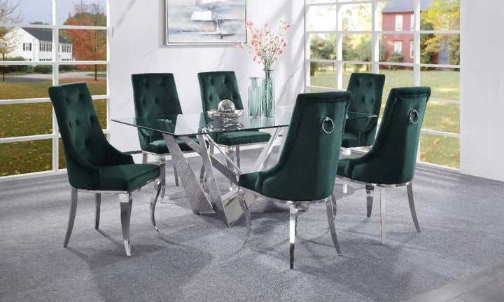 Acme 70140-42 7 pc Dekel modern glam chrome metal and clear glass top dining table set black chairs