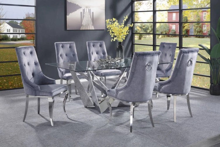 Acme 70140-43 7 pc Dekel modern glam chrome metal and clear glass top dining table set grey chairs