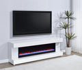 Coaster 701813 Mallory white high gloss finish wood 71" tv stand fireplace bluetooth speaker color change led