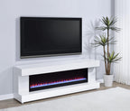 Coaster 701813 Mallory white high gloss finish wood 71" tv stand fireplace bluetooth speaker color change led