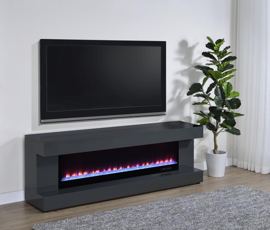 Coaster 701823 Mallory grey high gloss finish wood 71" tv stand fireplace bluetooth speaker color change led