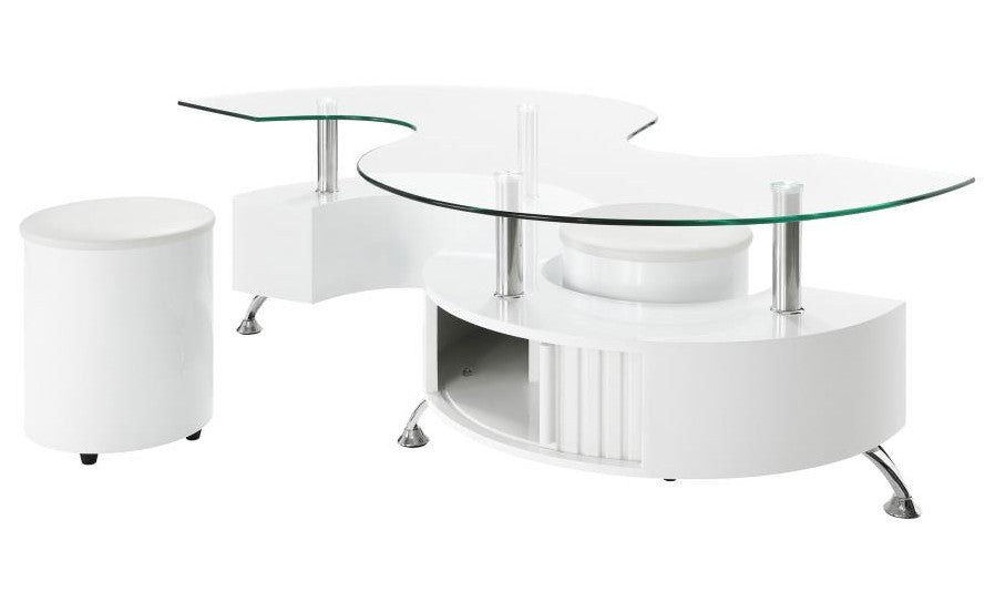 Coaster 703400 3 pc Orren ellis Buckley S shaped glossy white chrome metal legs glass top coffee table and 2 ottomans