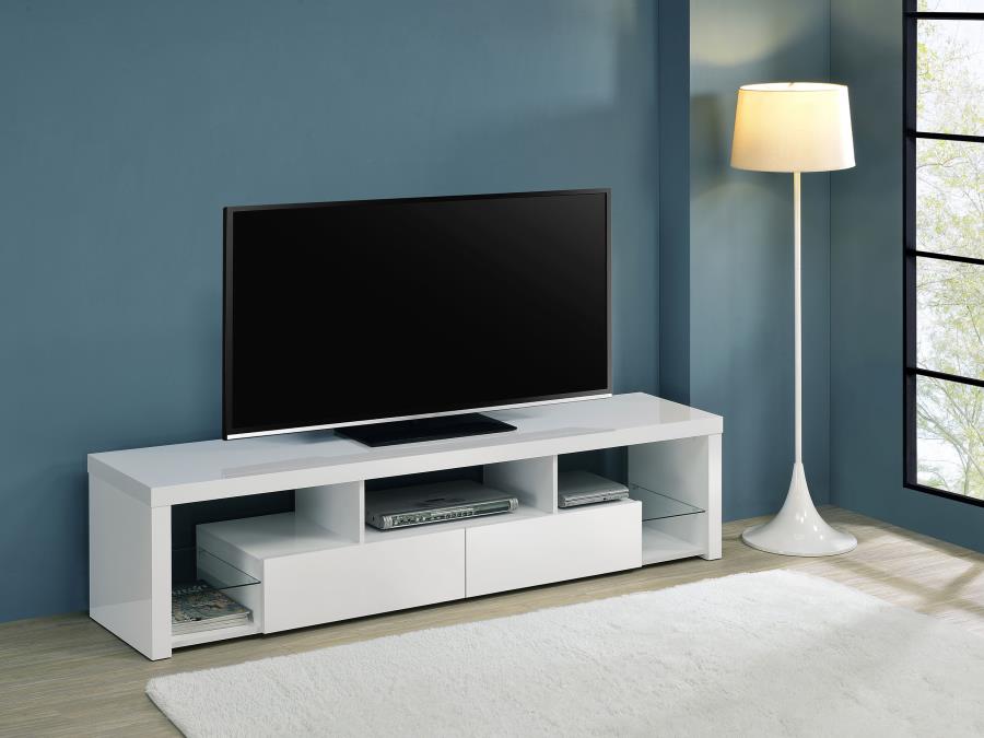 Jude White High Gloss 71" TV Stand with Glass Shelves & Soft-Close Drawers – 704251