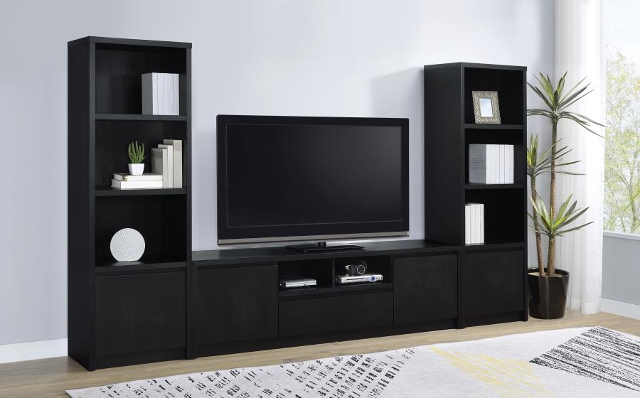 Coaster 706223-SET  3 pc Winfield black finish wood 78" tv stand with drawers entertainment center with side piers 125" overall width