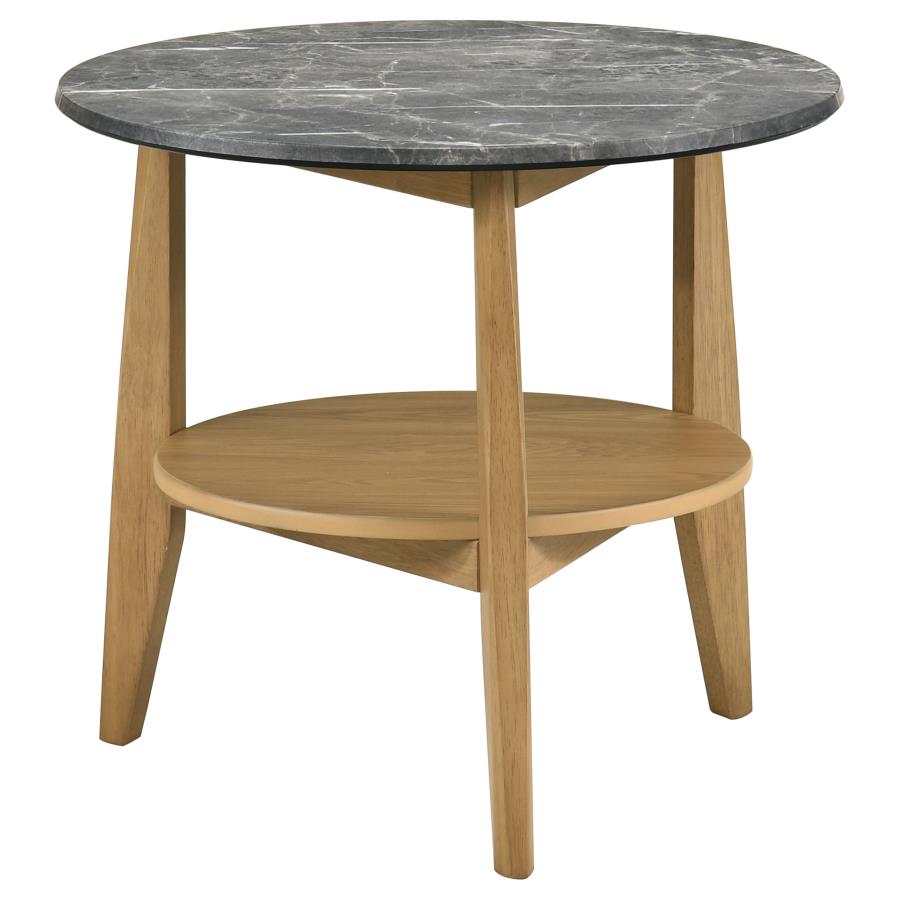 Bradley Grey Faux Marble Top Natural Wood 24" Round End Table – 706447