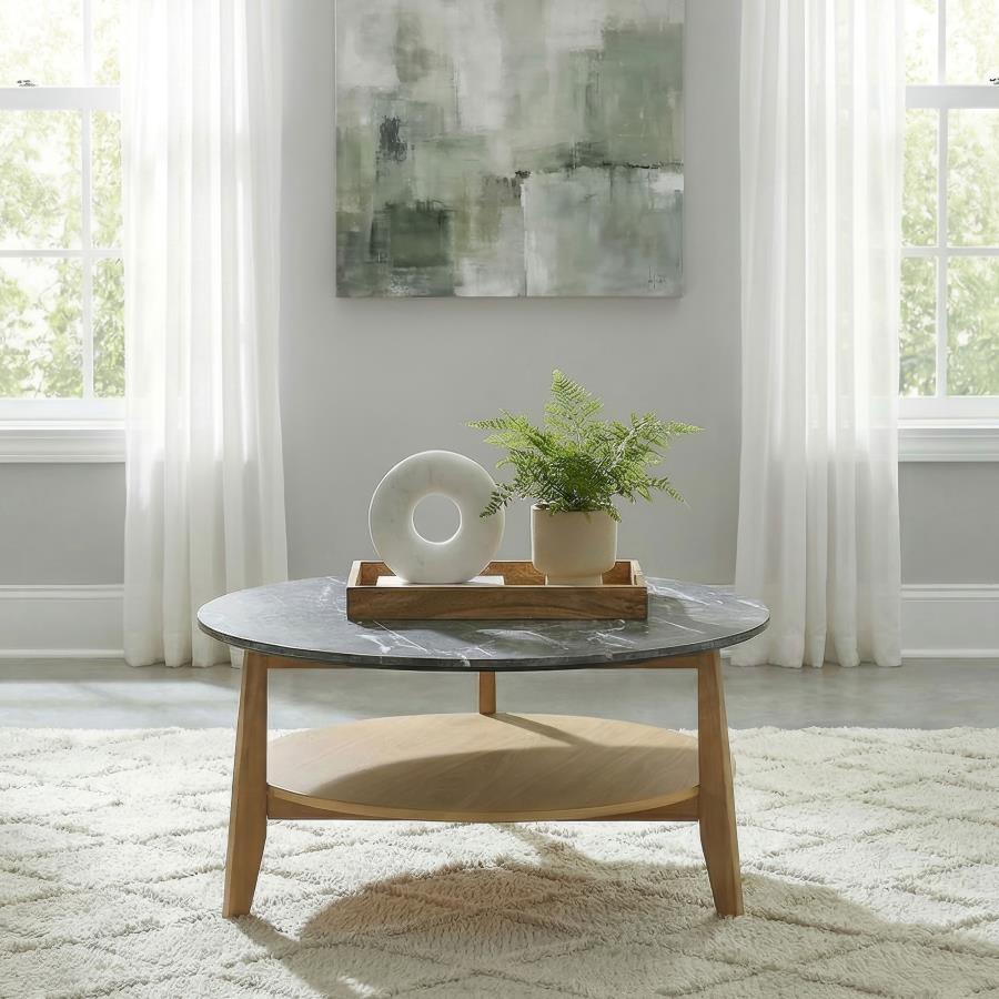 Bradley Grey Faux Marble Top Natural Wood 36" Round Coffee Table – 706448