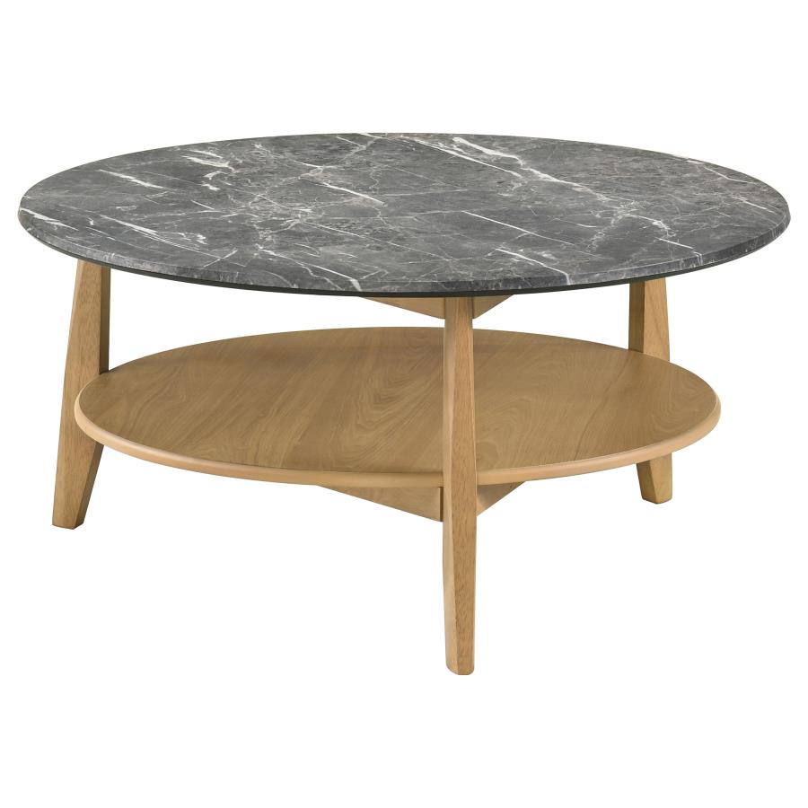 Bradley Grey Faux Marble Top Natural Wood 36" Round Coffee Table – 706448