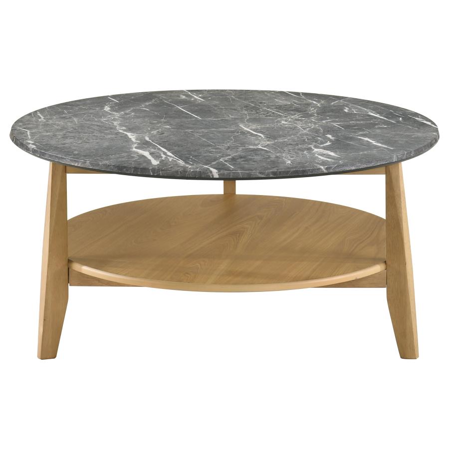 Bradley Grey Faux Marble Top Natural Wood 36" Round Coffee Table – 706448