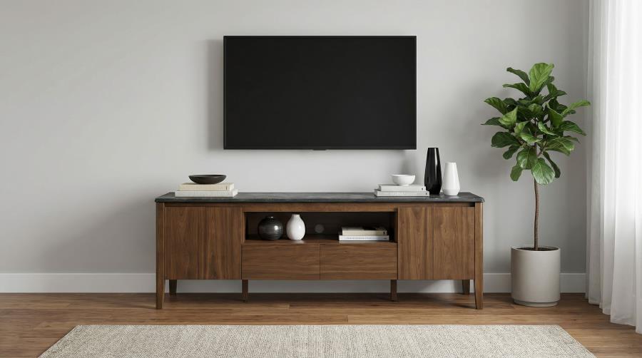 Bradley Smokey Grey Faux Marble Top Brown Wood 63" TV Stand – 706452