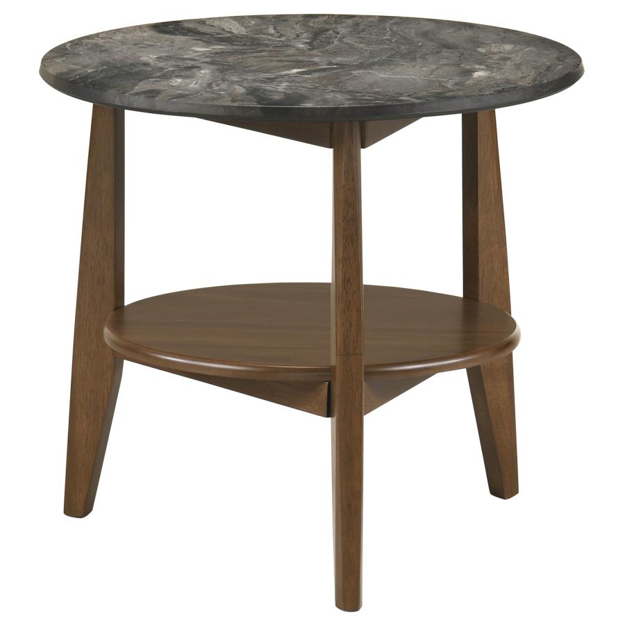 Bradley Smokey Grey Faux Marble Top Brown Wood 24" Round End Table – 706457