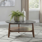 Bradley Smokey Grey Faux Marble Top Brown Wood 36" Round Coffee Table – 706458