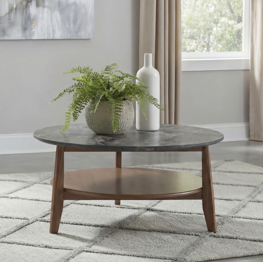 Bradley Smokey Grey Faux Marble Top Brown Wood 36" Round Coffee Table – 706458