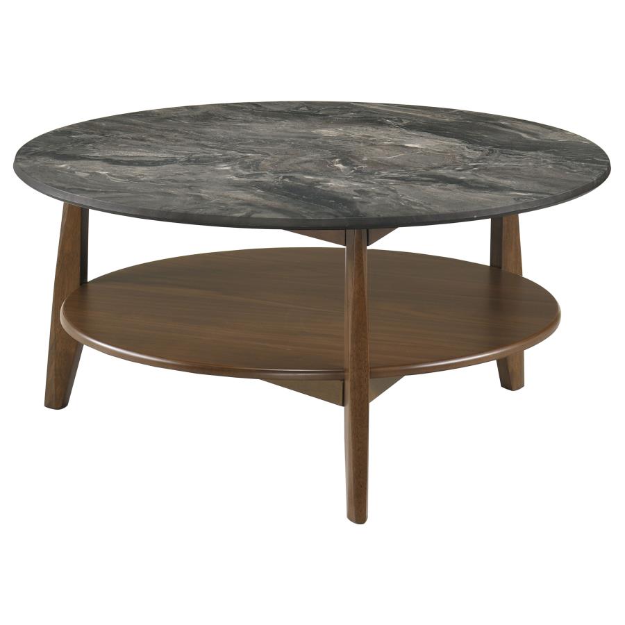 Bradley Smokey Grey Faux Marble Top Brown Wood 36" Round Coffee Table – 706458