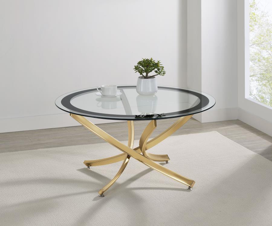 Coaster 707888 Brooke brass finish metal base round clear glass with black trim top coffee table