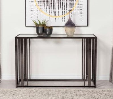 Coaster 708359 WIlla arlo interiors adri black nickel finish metal and glass sofa entry console table
