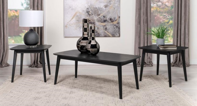 Coaster 708490 3 pc Carey black finish wood coffee and end table set mid century modern tapered leg design