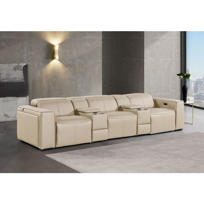 DivanItalia 5-Piece Power Reclining Sofa – Beige Italian Leather with Adjustable Headrests & Consoles | Global United