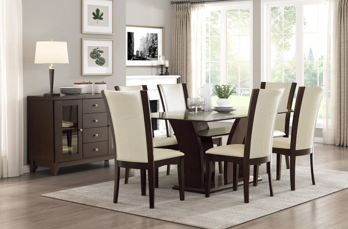Homelegance 710-71WH-7PC 7 pc Daisy espresso finish wood 71" rectangular glass top dining table set white chairs