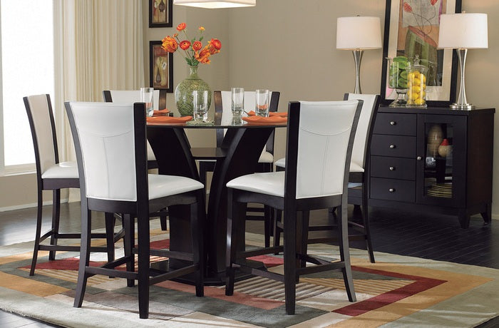 Homelegance 710-36WH-RD-5PC 5 pc Daisy espresso finish wood 48" round glass top counter height dining table set white chairs