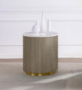 711417 Jason white marble top grey finish wood reeded plinth design sides round end table gold trim