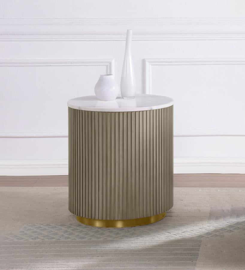 711417 Jason white marble top grey finish wood reeded plinth design sides round end table gold trim