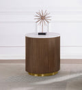 712417 Jason white marble top honey brown finish wood reeded plinth design sides round end table gold trim