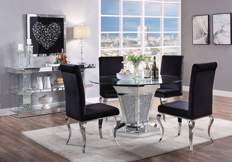 Acme 71285-62072 5 pc Noralie mirrored faux diamond metal and 52" round glass top dining table set