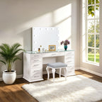 3-Piece White Finish Wood Makeup Vanity Set with Glass Top and LED Lights – 7136