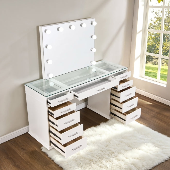 3-Piece White Finish Wood Makeup Vanity Set with Glass Top and LED Lights – 7136