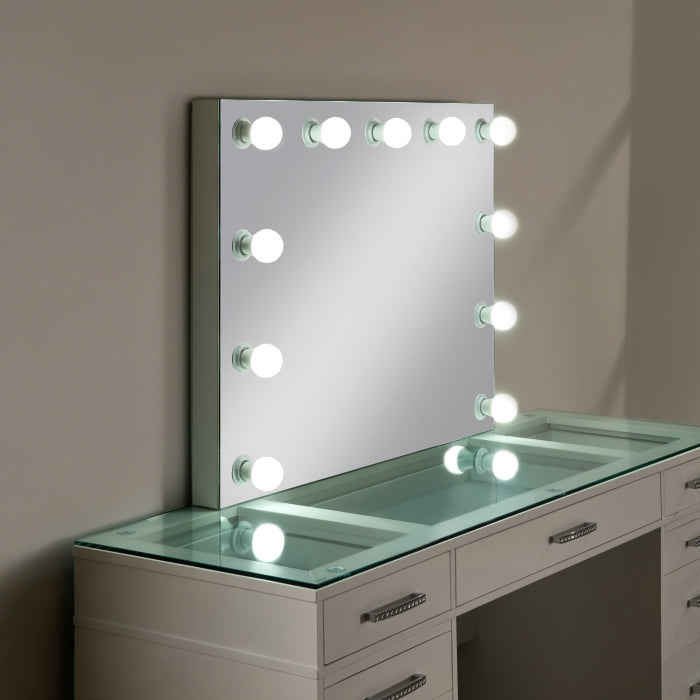 3-Piece White Finish Wood Makeup Vanity Set with Glass Top and LED Lights – 7136