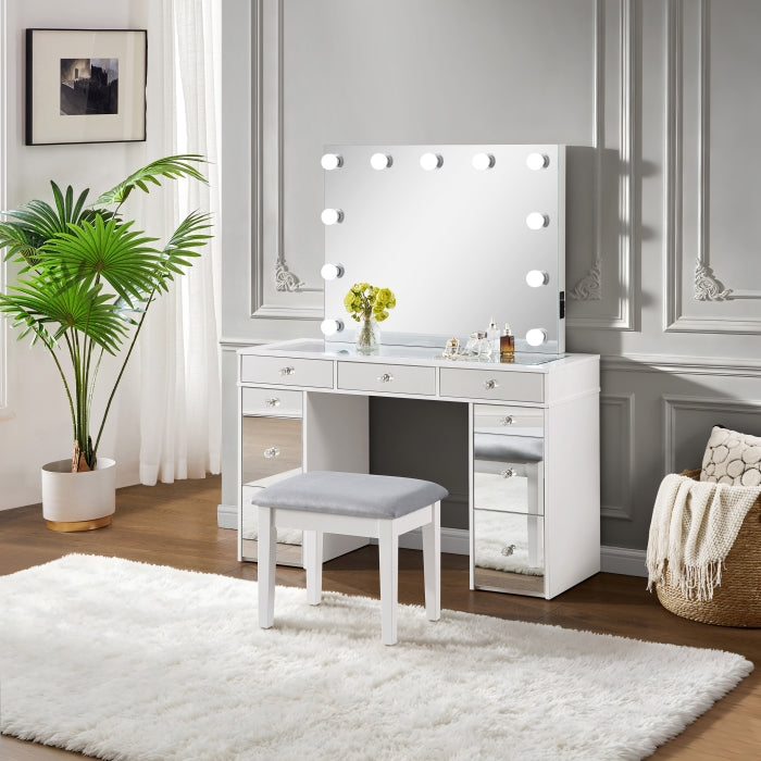 3-Piece White Finish Wood Mirror Front Panels Makeup Vanity Set with Glass Top and LED Lights – 7138