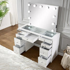 3-Piece White Finish Wood Mirror Front Panels Makeup Vanity Set with Glass Top and LED Lights – 7138
