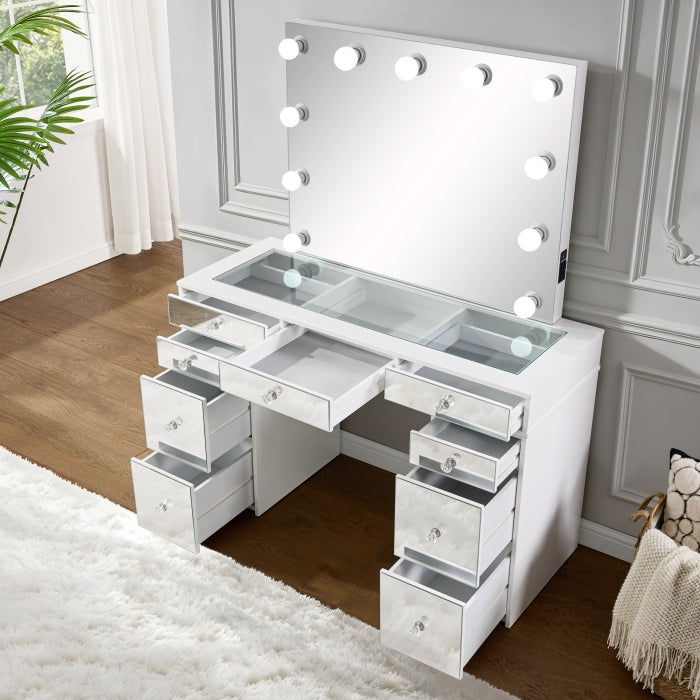 3-Piece White Finish Wood Mirror Front Panels Makeup Vanity Set with Glass Top and LED Lights – 7138
