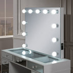 3-Piece White Finish Wood Mirror Front Panels Makeup Vanity Set with Glass Top and LED Lights – 7138