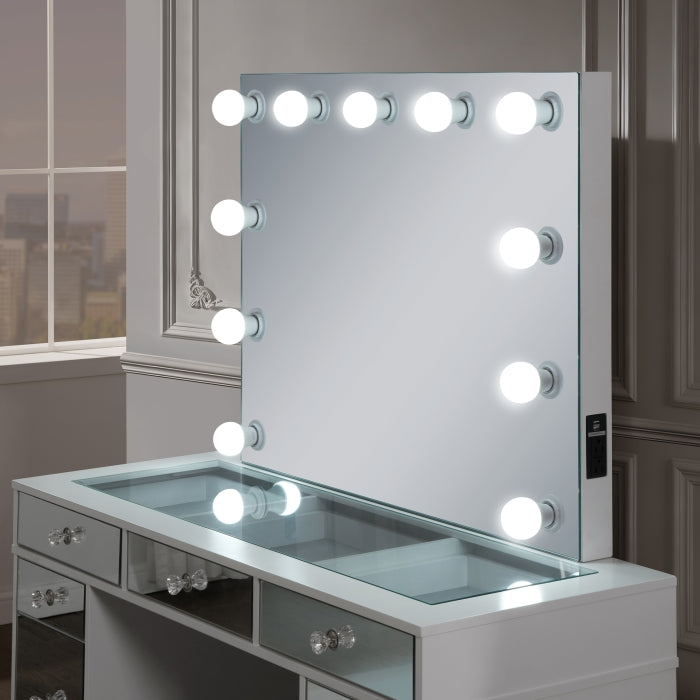 3-Piece White Finish Wood Mirror Front Panels Makeup Vanity Set with Glass Top and LED Lights – 7138