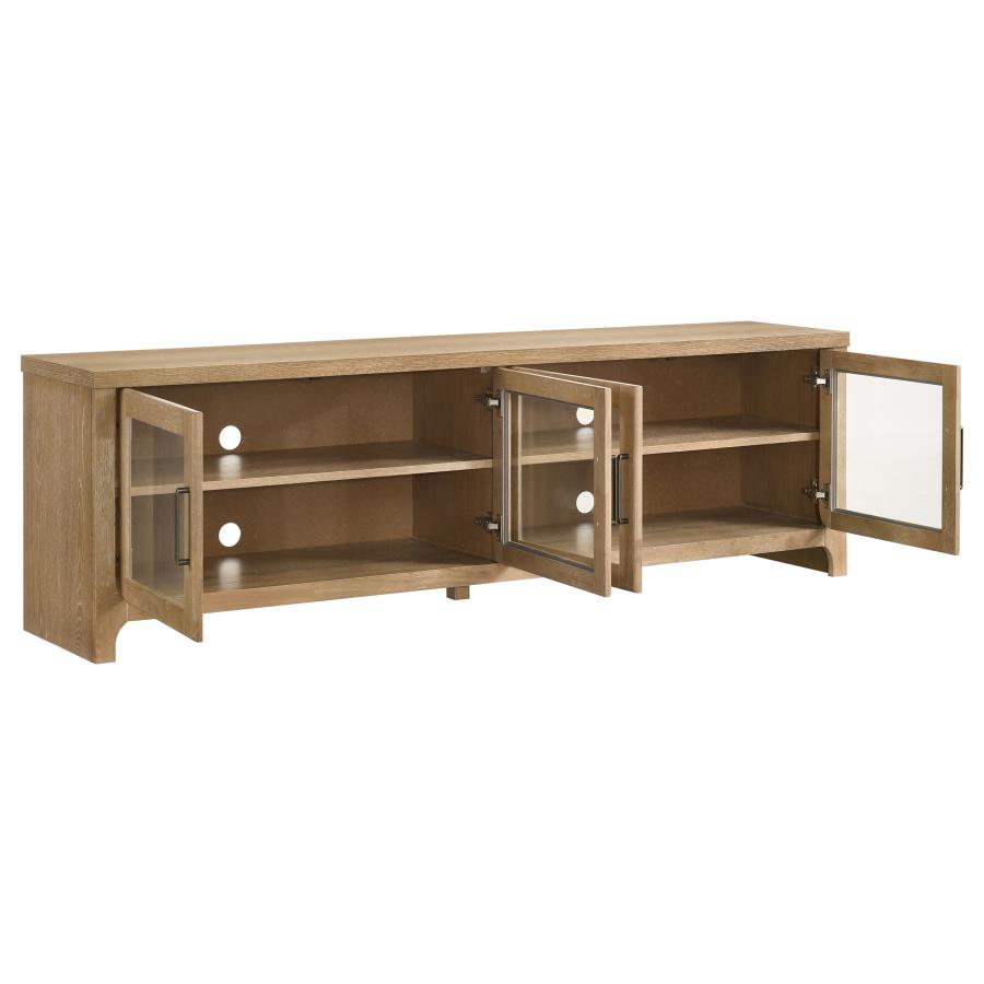 Coaster 720130 Brenham washed oak finish wood glass front door design modern 79" tv stand 4 door cabinet