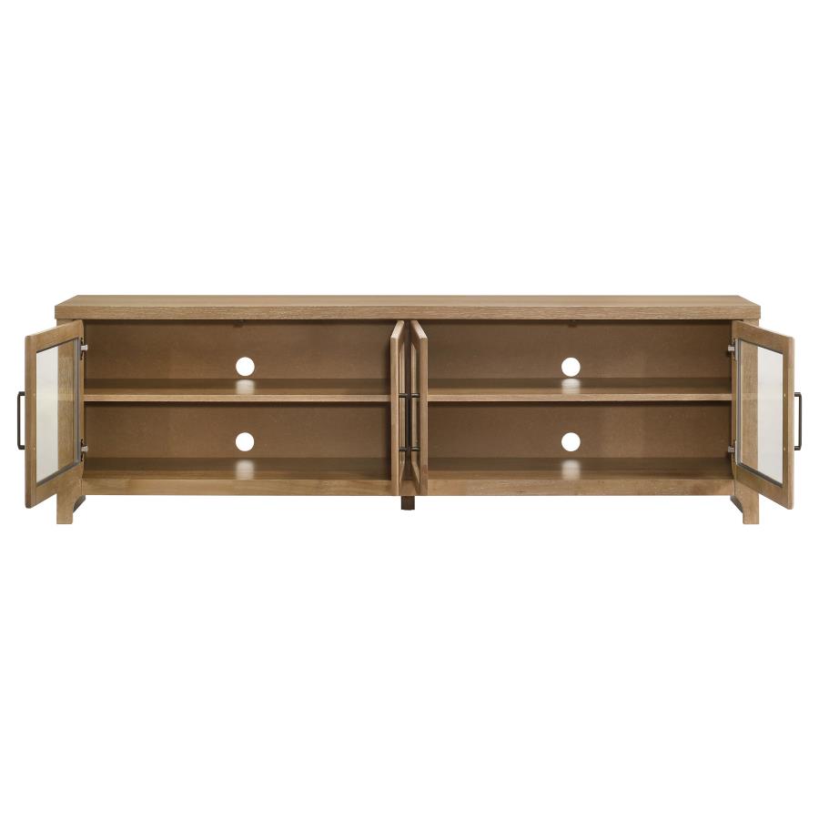 Coaster 720130 Brenham washed oak finish wood glass front door design modern 79" tv stand 4 door cabinet