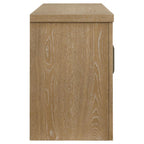Coaster 720130 Brenham washed oak finish wood glass front door design modern 79" tv stand 4 door cabinet