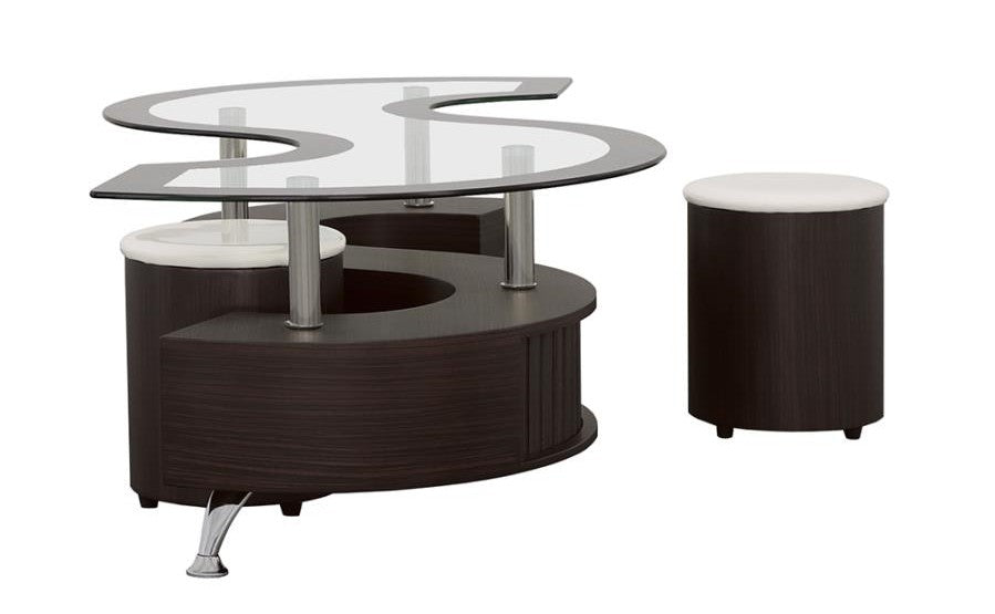 Coaster 720218 3 pc Orren ellis Buckley S shaped glossy espresso chrome metal legs glass top coffee table and 2 ottomans