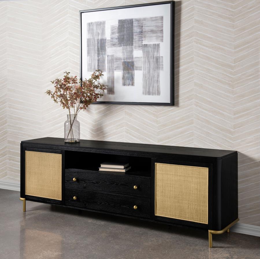 Arini Black Natural Wood 79" 2-Door Cane Modern TV Stand – 720263