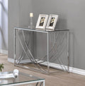 Coaster 720499 WIlla arlo interiors mckenzie chrome finish metal and glass sofa console entry table