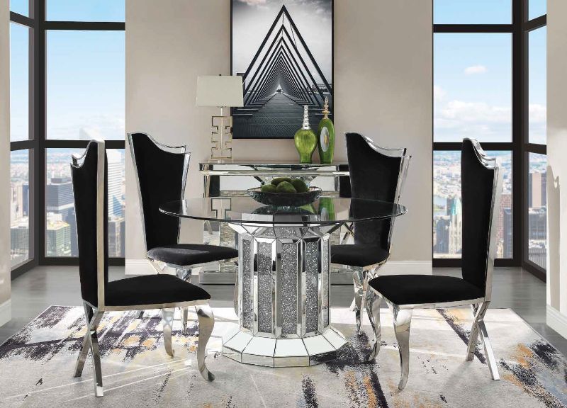 Acme 72140-62079 5 pc Noralie mirrored faux diamonds inlay 52" round dining table set