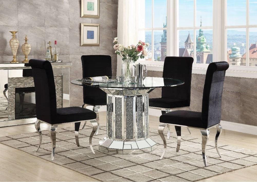 Acme 72140-62079 5 pc Noralie mirrored faux diamonds inlay 52" round dining table set